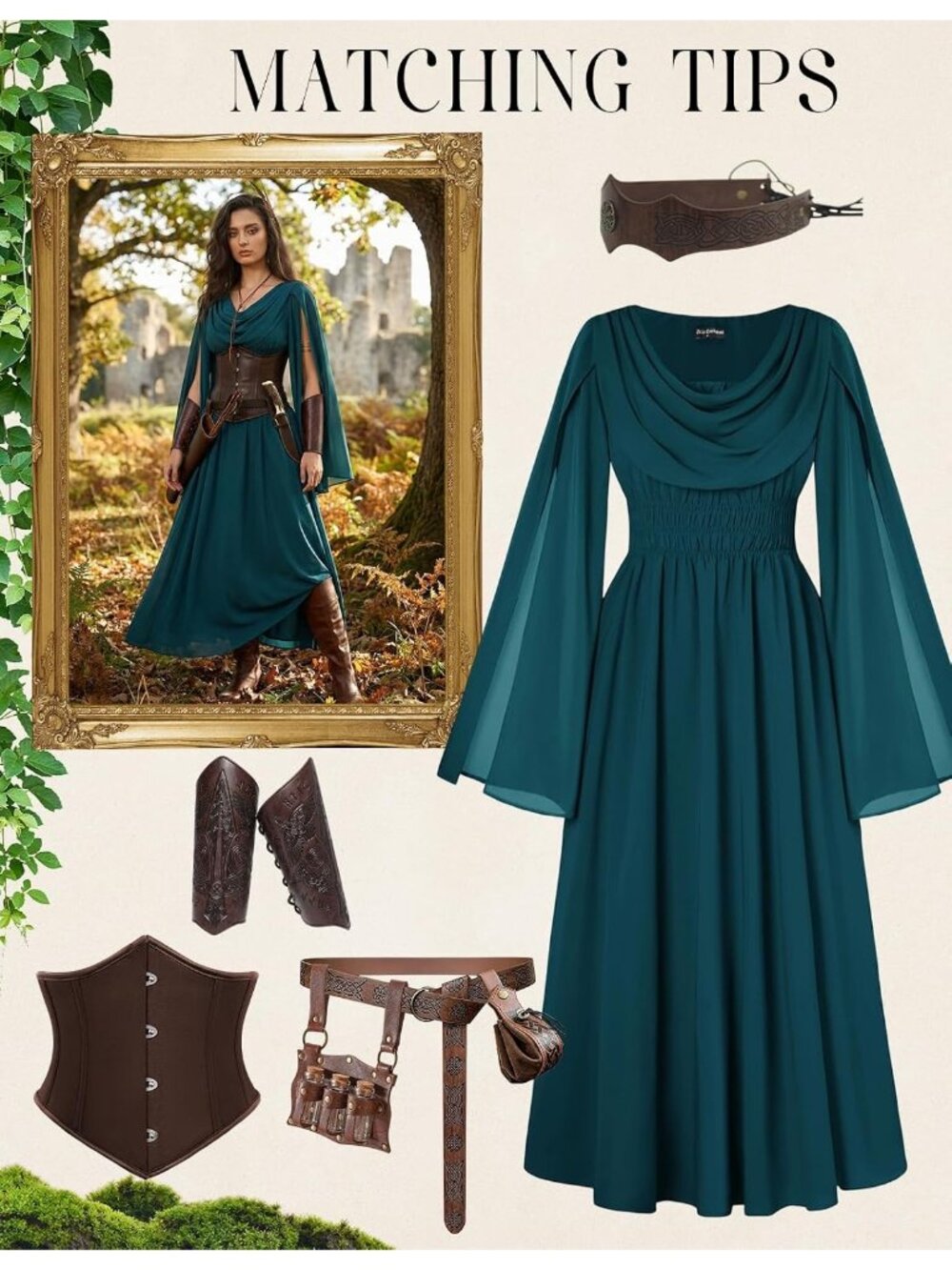 Women's Blue Green Renaissance Bell Sleeve Cowl Neck Imported Costume Dress - Picture 5 of 6